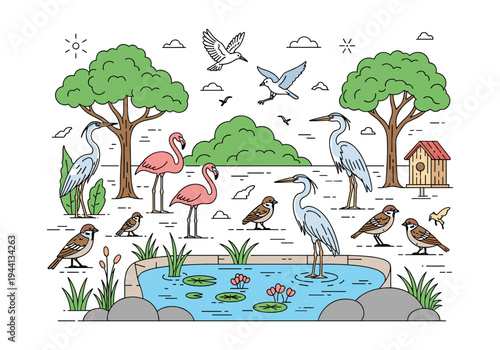 Diverse collection of birds including flamingos, herons, and sparrows in a natural habitat illustration