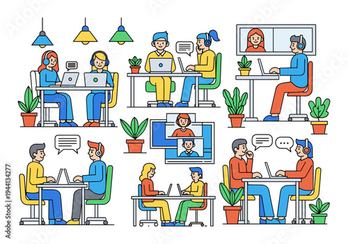 Diverse group of people collaborating and communicating remotely using laptops and video calls