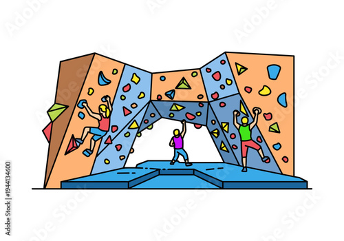 Three people bouldering on a colorful indoor climbing wall with holds and mats