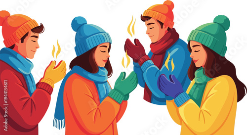 Close up of people warming their hands with rising steam