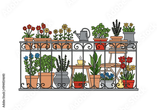 Charming balcony garden with potted flowers, herbs, and a watering can