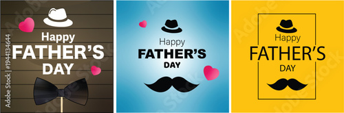 Collage of happy fathers day cards with mustaches and hats on colored backgrounds