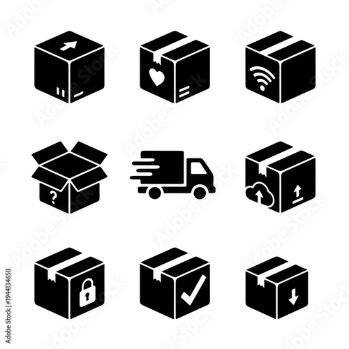 Logistics and shipping icons set featuring various cardboard box silhouettes and delivery packages.