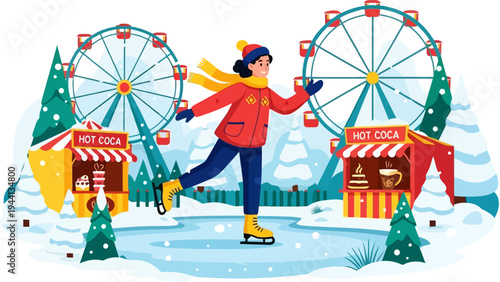 Enthusiastic skater enjoys an outdoor ice rink near a festive ferris wheel