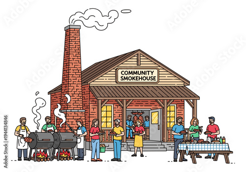 People enjoying a barbecue event outside a community smokehouse with smoking grills