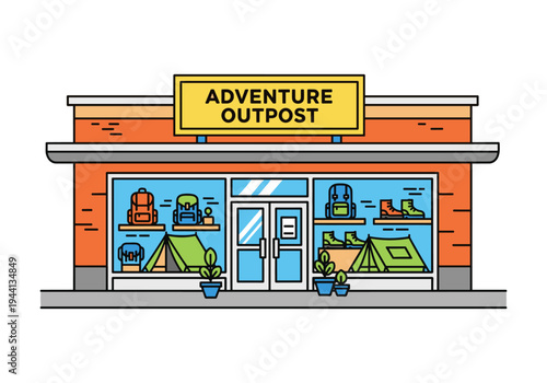 Adventure Outpost store facade with outdoor gear displayed in the windows