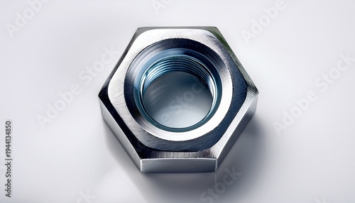 shiny metal hex nut with threaded hole on white background