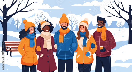 Friends enjoying a stroll through a snowy forest park