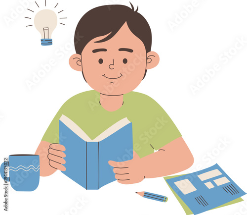 Boy Reading Book with Idea Bulb Concept