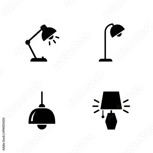 Lighting fixture icons set featuring desk lamps, floor lamps, and ceiling lights.