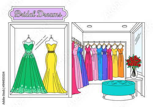 Elegant bridal boutique interior showcasing colorful formal gowns and a vibrant bouquet of flowers