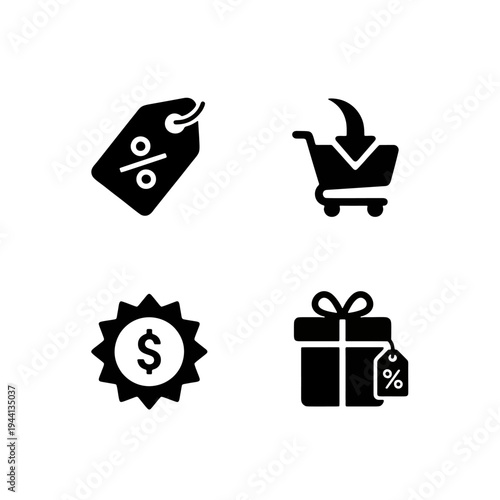 Retail and e-commerce icons featuring price tags, shopping carts, and gift boxes.