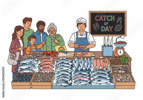 Diverse family enjoys fresh seafood selection at a vibrant market stall