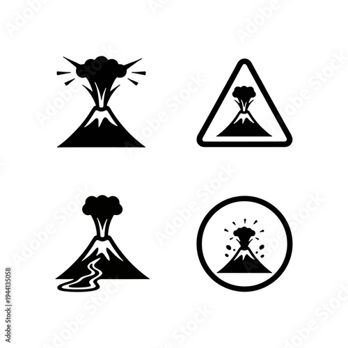 Geological hazard icons depicting volcanic eruptions, mountains, and smoke clouds.