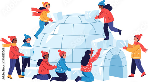 Group of diverse friends constructing a snow igloo together