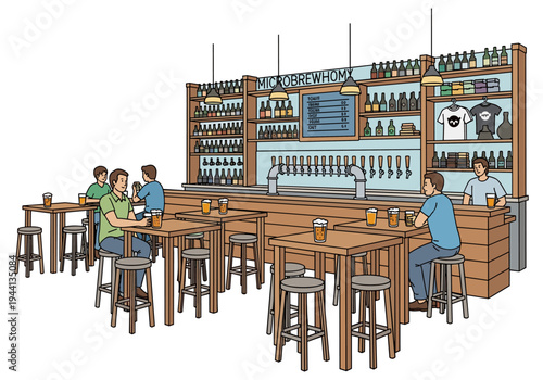 People enjoying drinks at a microbrewery bar with tables and stools
