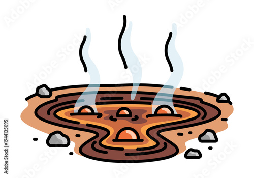 Stylized illustration of a bubbling hot spring with steam rising from the water