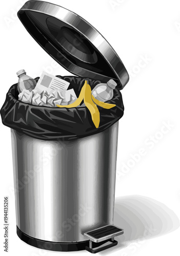 Create a realistic Opened trash can vector art with white background..