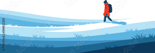 Hiker with a backpack treks across a vast blue snowy plain