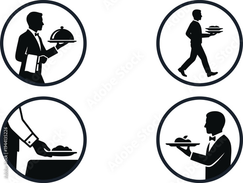 Professional Waiter and Catering Service Icon Set Featuring Servers Carrying Food Trays Serving Dishes and Fine Dining Hospitality Silhouettes