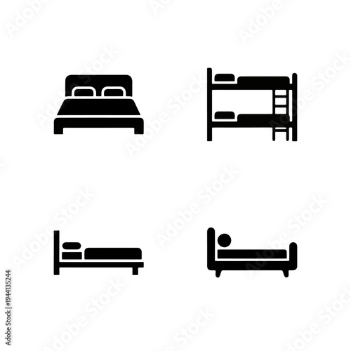 Bedroom furniture icons featuring bed, bunk bed, and double bed silhouettes.