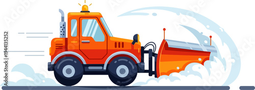 Industrial snowplow truck clears a path through a heavy winter storm