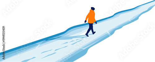 Lone figure walking on a long path of ice during winter
