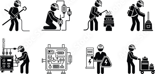 Industrial worker and electrician silhouette set with welding electrical panel and cargo handling poses cad drawing flat vector illustration