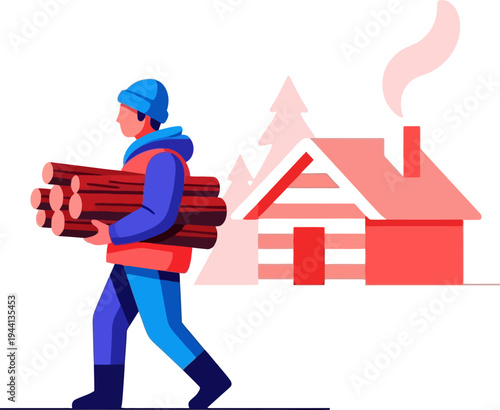 Wallpaper Mural Man carrying a stack of logs to a rustic winter cabin Torontodigital.ca