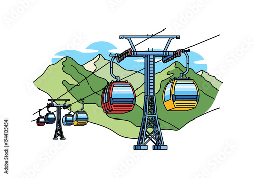 Colorful cable cars ascend a mountain range with green hills and blue sky in a flat illustration