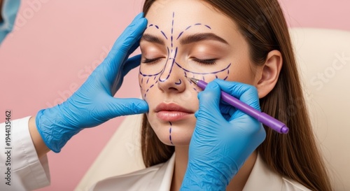 Beautiful woman receives meticulous facial markings from skilled surgeon against soft pink backdrop for delicate cosmetic enhancement procedure