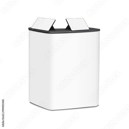 Table with two portable monitors. Realistic 3d vector mockup. Blank transparent screen tablet stands on desk. Desktop touchscreen digital display set. Mock-up. Template for design