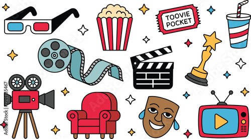 Cinema Entertainment Vector Illustration Set with Popcorn 3D Glasses Film Reel Movie Camera Ticket Clapperboard and TV for Film Industry Design