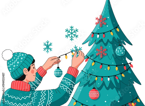 Wallpaper Mural Man decorating a christmas tree with ornaments and lights Torontodigital.ca