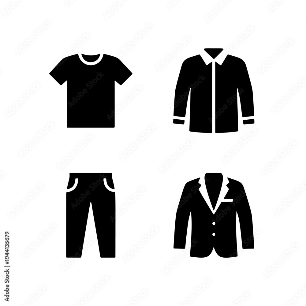 Naklejka premium Men's casual apparel silhouettes including t-shirts, shirts, pants, and jackets.