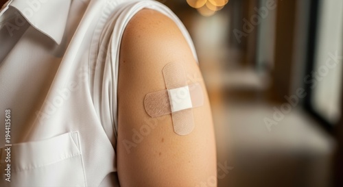 Caucasian adult showcases a vaccination bandage on their upper arm, wearing a crisp white shirt in a close-up indoor shot