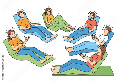 Group acupuncture session with diverse people receiving treatment in a circle