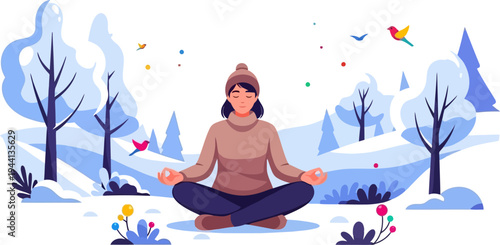 Peaceful woman practices mindfulness meditation in a quiet snowy landscape