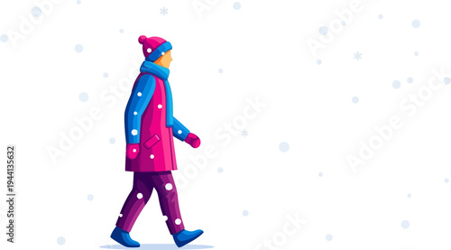 Pedestrian strolls through falling snow in vibrant winter attire