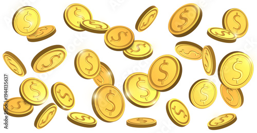 Gold Dollar coins falling with shiny effect isolated on transparent background. Rewards, business, lottery, casino money concept. 3D rendered vector PNG