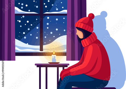 Pensive woman watches the snowfall from a dark room