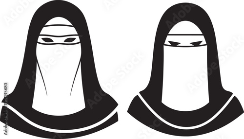 Two silhouette burqa niqab icon muslim woman vector