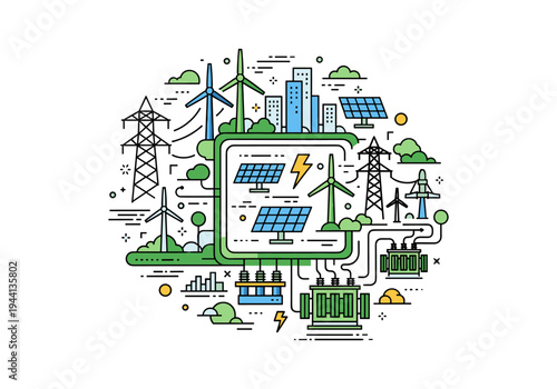 Modern renewable energy grid with wind turbines, solar panels, and city skyline