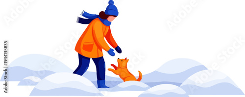Playful woman interacts with her dog in deep snow