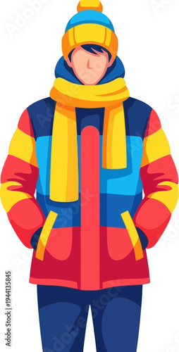 Portrait of a man wearing a bright multicolored winter parka