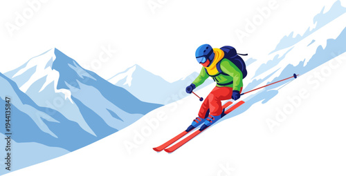 Professional skier descending mountain slope in winter