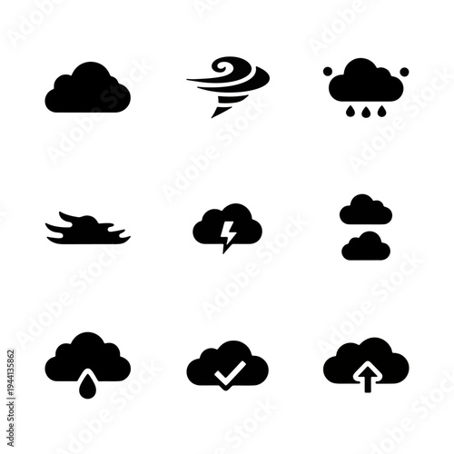 Sky and cloud icons set with wind, rain, and sun behind cloud silhouettes.