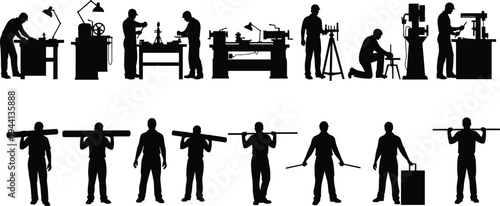 Industrial workshop worker silhouette set with lathe machine workbench and laborers carrying pipes cad drawing flat vector illustration