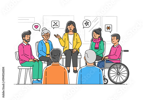 Diverse group of people in a circle, listening to a speaker in a meeting or support group