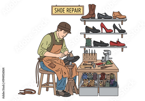 Skilled cobbler meticulously repairs a shoe at his workbench with various tools and materials